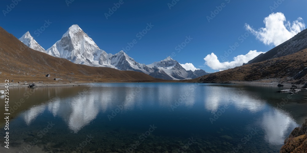Crystal clear lake reflecting snow-capped mountains beneath a vibrant blue sky and picturesque clouds. Crystal clear lake reflecting snow-capped mountains beneath a vibrant blue sky and picturesque clouds.