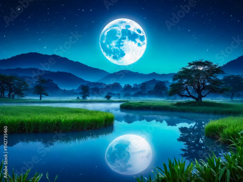 Serene Night Landscape with Full Moon Reflection