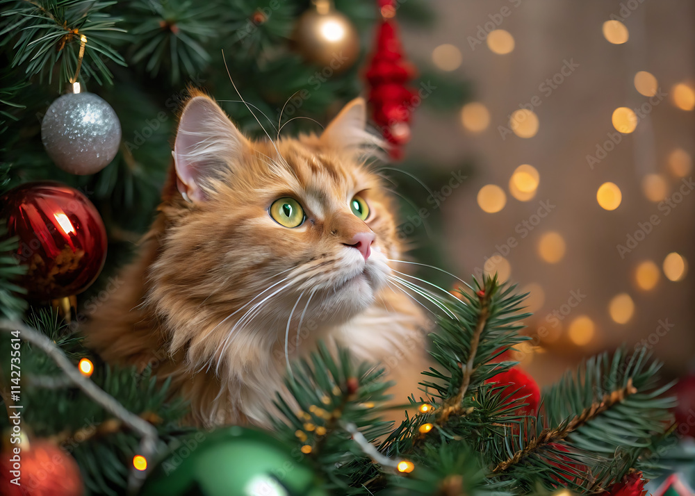 Obraz premium portrait of a cat surrounded by fir branches