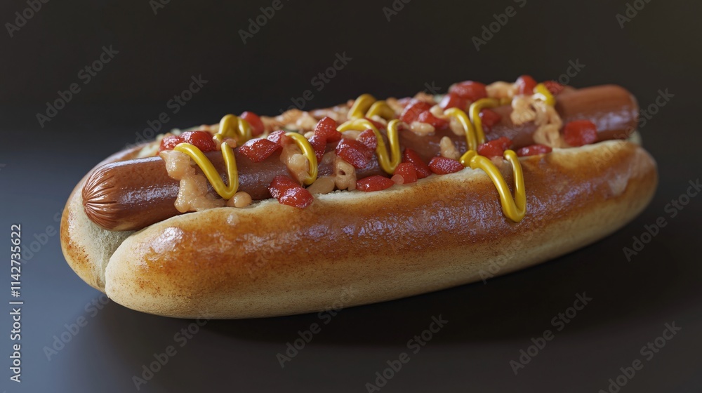 Close-up of a delicious hot dog topped with mustard, diced tomatoes, and onion. Close-up of a delicious hot dog topped with mustard, diced tomatoes, and onion.