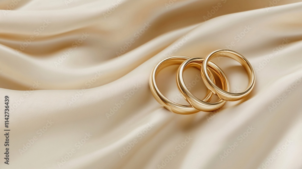 Three elegant gold wedding rings resting on a soft beige satin fabric. Three elegant gold wedding rings resting on a soft beige satin fabric.