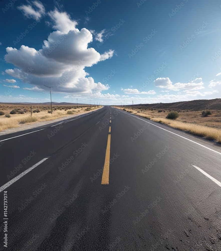 Naklejka premium A long stretch of asphalt road disappears into the distance under a brilliant blue sky with a few wispy clouds, landscape, sky, green