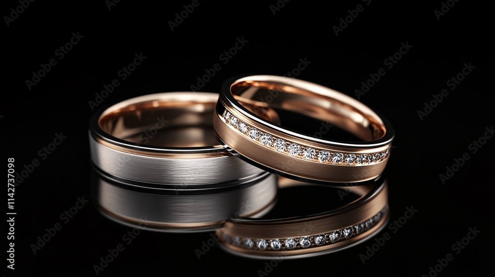 Two elegant wedding rings, featuring a silver band and a diamond-studded rose gold band, elegantly displayed on a dark reflective surface. Two elegant wedding rings, featuring a silver band and a diamond-studded rose gold band, elegantly displayed on a dark reflective surface.