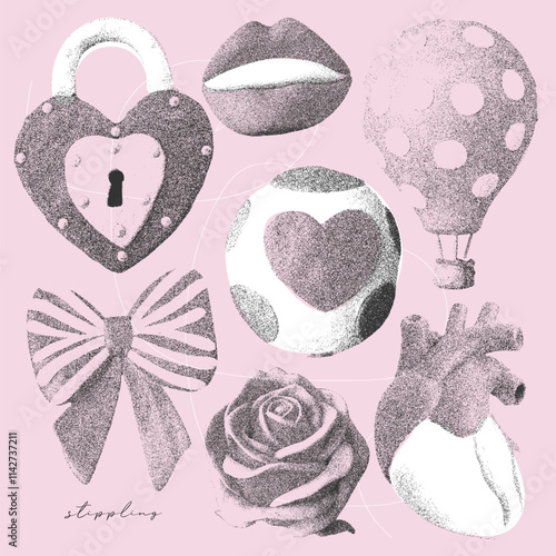 Trendy craft imperfect romantic Elements set with a retro photocopy effect. Valentines day concept. Human heart, hot air balloon, lips and lock in stippling style. 3d grunge elements. Vector