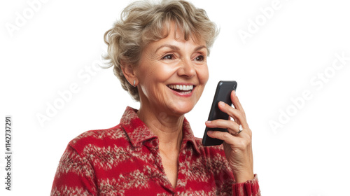 Happy woman using cell phone. isolated transparent background