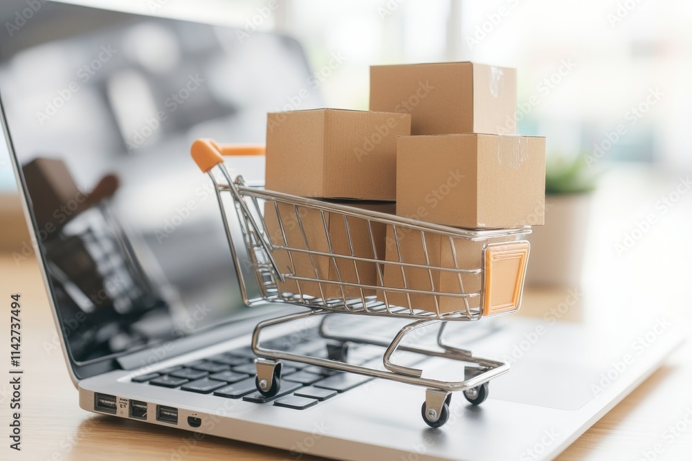 Shopping Cart with Small Delivery Boxes on Laptop Keyboard for Online Shopping Concept and E-commerce Experience Shopping Cart with Small Delivery Boxes on Laptop Keyboard for Online Shopping Concept and E-commerce Experience