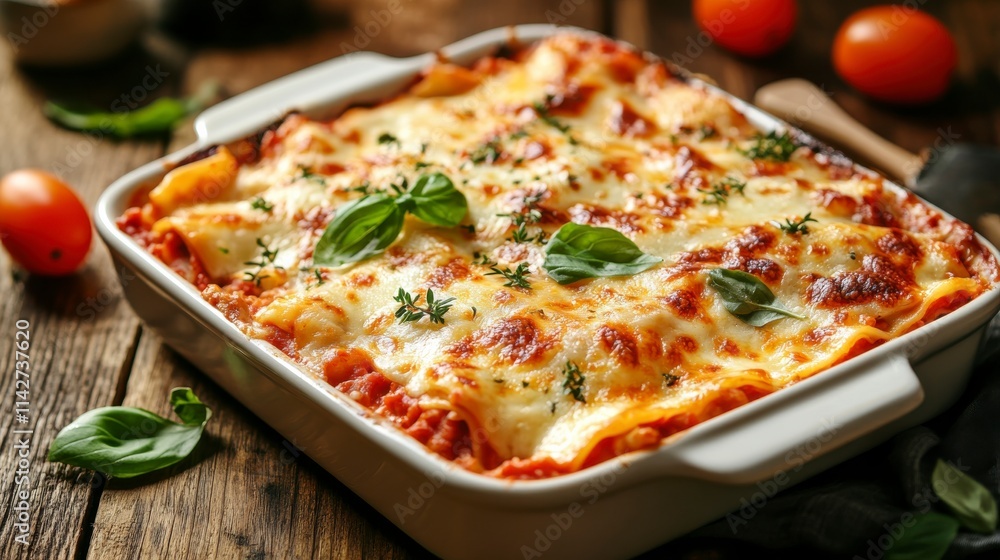 Delicious Lasagna in a Rustic Baking Dish Delicious Lasagna in a Rustic Baking Dish