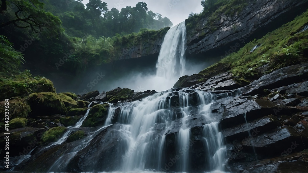 Obraz premium Majestic Waterfall Cascading Through Lush Greenery