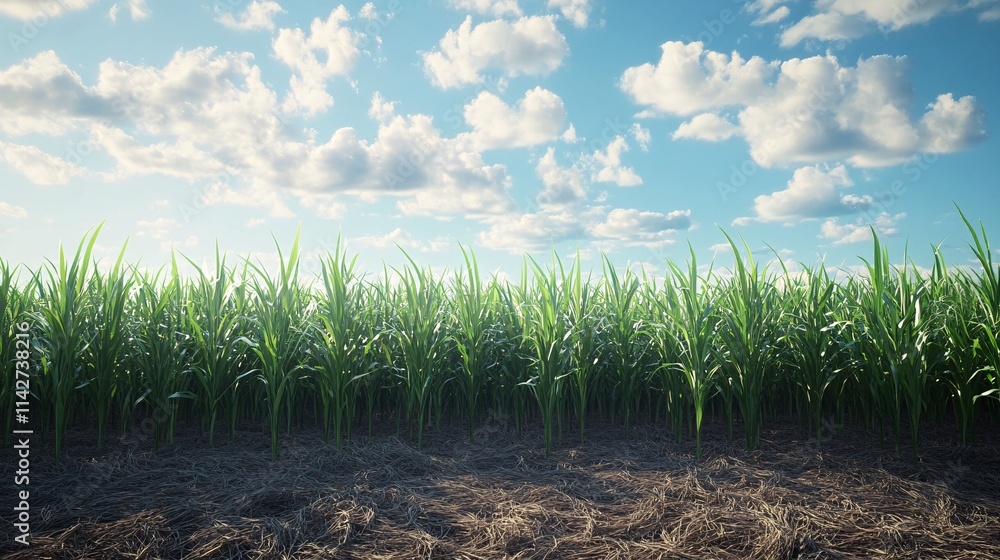 Obraz premium Vibrant green cornfield under a bright blue sky with fluffy clouds, showcasing nature's beauty.