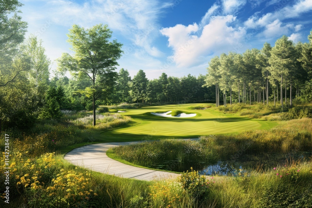 Scenic golf course view with green fairways and a serene water body during a sunny day Scenic golf course view with green fairways and a serene water body during a sunny day