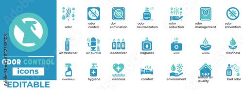 
Odor Control Icon Set Air Freshener, Essential Oils, Sanitizers, Aroma Therapy Clean, Editable Vector Graphics