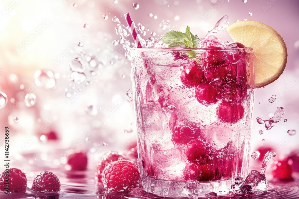Refreshing raspberry drink with mint and lemon garnishing in a vibrant setting Refreshing raspberry drink with mint and lemon garnishing in a vibrant setting