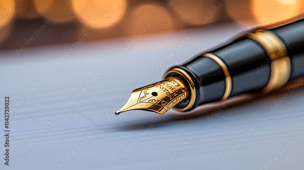Elegant Close-up of a Luxurious Fountain Pen Nib with Glimmering Bokeh Background, Ideal for Writers, Stationery Enthusiasts, and Professional Settings Elegant Close-up of a Luxurious Fountain Pen Nib with Glimmering Bokeh Background, Ideal for Writers, Stationery Enthusiasts, and Professional Settings