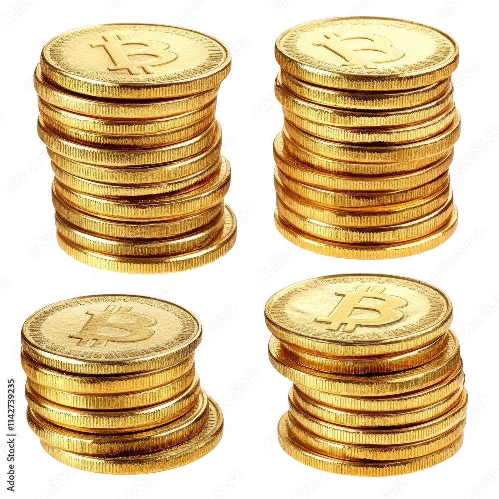 Set of gold coins stacks, isolated transparent background Set of gold coins stacks, isolated transparent background