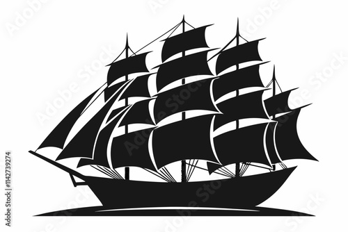 Sailing Ship vector. Black and white boat silhouette design. Sailer boat ship silhouette white background. Aged classic sailfish isolated on white background
