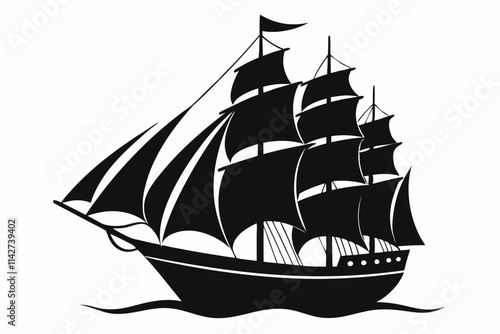 Sailing Ship vector. Black and white boat silhouette design. Sailer boat ship silhouette white background. Aged classic sailfish isolated on white background
