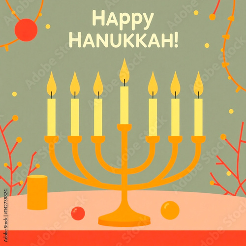 High-angle perspective illustration of a Menorah with nine lit candles in a festive setting. Happy Hanukkah greeting. Bright lens flare, elevated viewpoint, light streaks, vibrant colors.
