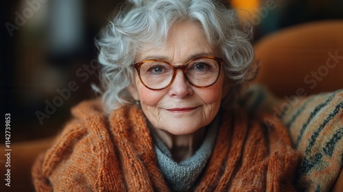 Senior woman with glasses and gray hair sits comfortably in a cozy living room wearing a warm knit shawl, smiling softly while enjoying a peaceful moment