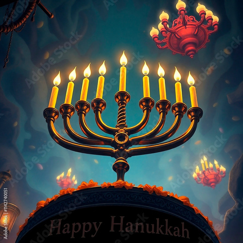 High-angle perspective illustration of a Menorah with nine lit candles in a festive setting. Happy Hanukkah greeting. Bright lens flare, elevated viewpoint, light streaks, vibrant colors.