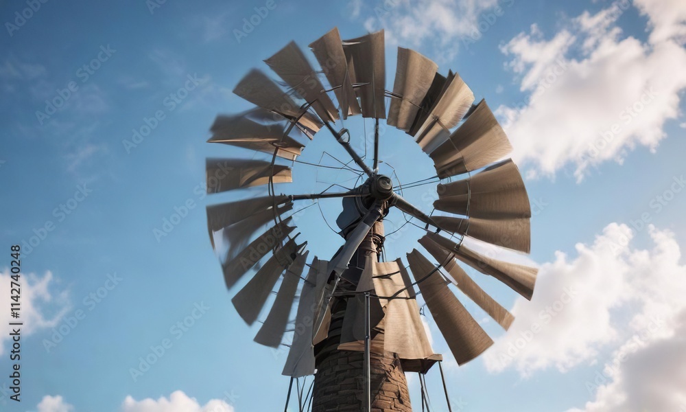 Close-up of a windmill spinning against a blue sky, old-fashioned, power, peaceful Close-up of a windmill spinning against a blue sky, old-fashioned, power, peaceful