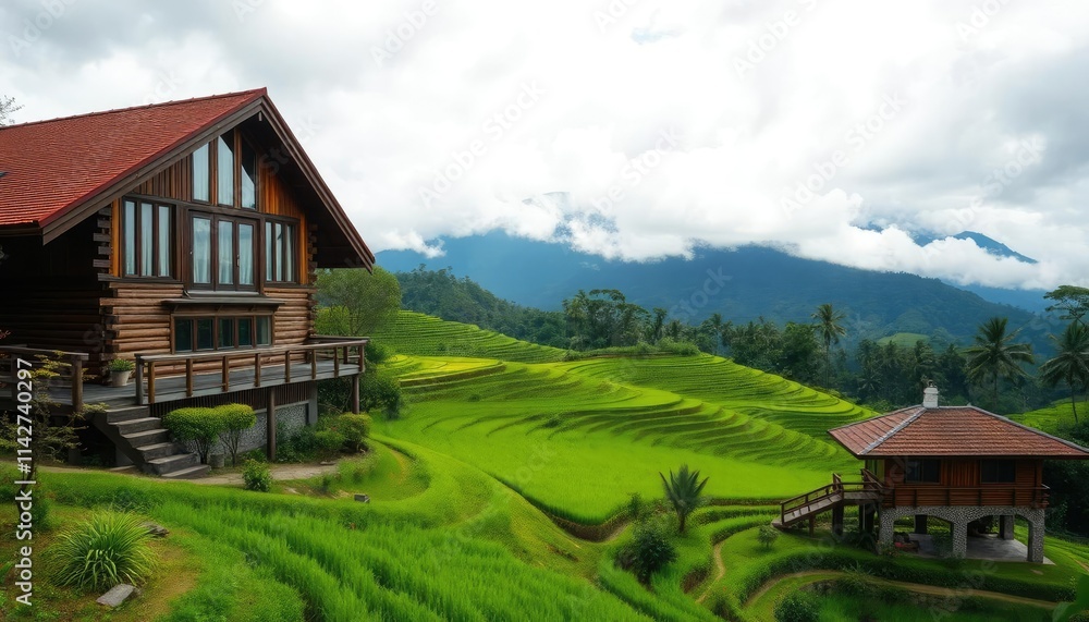 wooden house with a terrace, green terraces, and a forest in the background wooden house with a terrace, green terraces, and a forest in the background