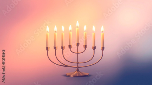 High-angle perspective illustration of a Menorah with nine lit candles in a festive setting. Happy Hanukkah greeting. Bright lens flare, elevated viewpoint, light streaks, vibrant colors.