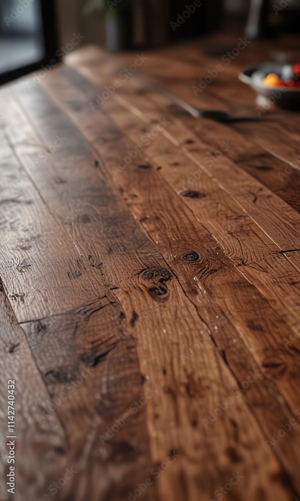 Fototapeta premium Close-up of a wooden table top in a dimly lit environment, coffee shop ambiance, blurred focus, empty surface