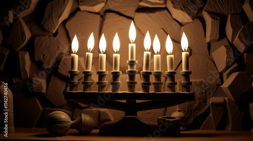 High-angle perspective illustration of a Menorah with nine lit candles in a festive setting. Happy Hanukkah greeting. Bright lens flare, elevated viewpoint, light streaks, vibrant colors.