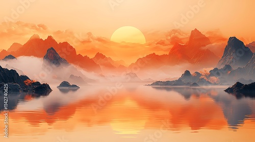 3D rendering, Chinese landscape painting style, golden mountains and rivers, vector illustration poster design, flat composition, light orange background color, high angle perspective, golden 