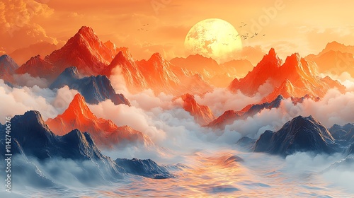 3D rendering, Chinese landscape painting style, golden mountains and rivers, vector illustration poster design, flat composition, light orange background color, high angle perspective, golden 