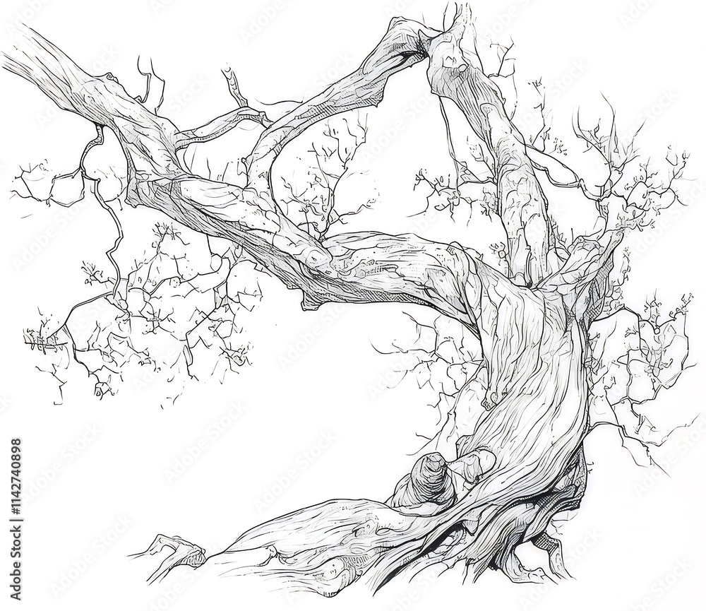 Detailed ink drawing of an old, gnarled tree with thick, twisting branches and exposed roots. Detailed ink drawing of an old, gnarled tree with thick, twisting branches and exposed roots.