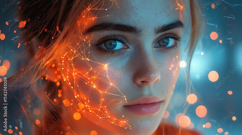 A beautiful woman with a calm expression, neural pathways subtly glowing around her, symbolizing Brain Tranquility, soft ambient lighting, minimalist background, golden ratio composition, cinematic A beautiful woman with a calm expression, neural pathways subtly glowing around her, symbolizing Brain Tranquility, soft ambient lighting, minimalist background, golden ratio composition, cinematic