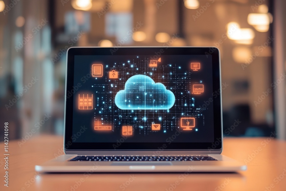 A laptop with cloud technology icons floating above it, symbolizing the use of cloud-based tools for remote work and virtual collaboration Generative AI A laptop with cloud technology icons floating above it, symbolizing the use of cloud-based tools for remote work and virtual collaboration Generative AI
