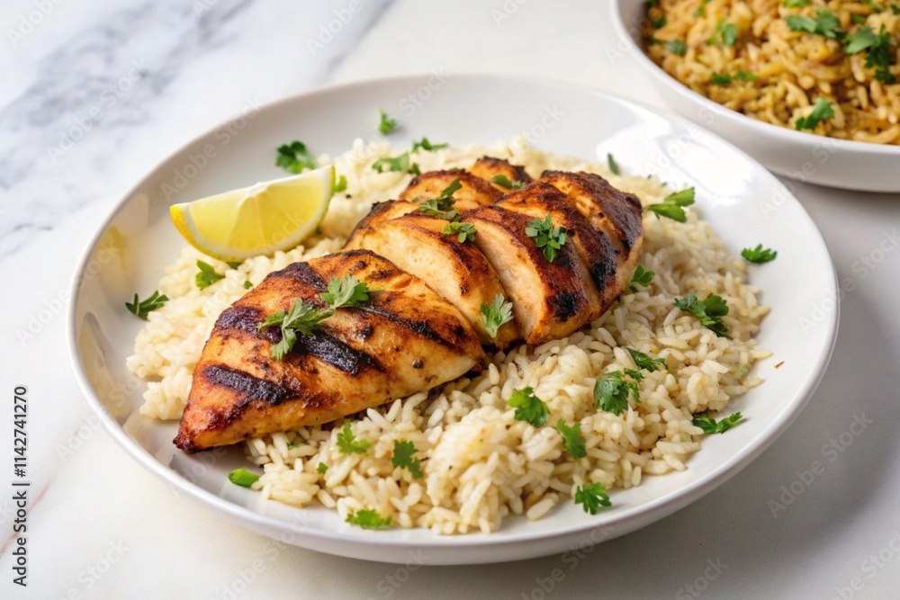 dish perfectly grilled chicken, of fragrant, flavorful rice, wall art print flyer and menu photo food dish perfectly grilled chicken, of fragrant, flavorful rice, wall art print flyer and menu photo food