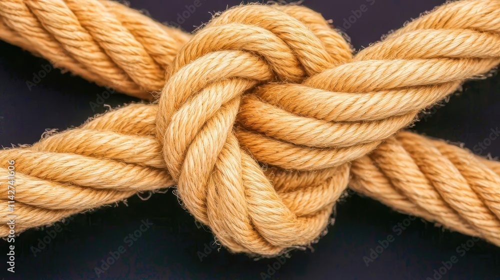 Close up of an intricate knot tied with a robust rope, showcasing craftsmanship and detail in knot tying techniques. Close up of an intricate knot tied with a robust rope, showcasing craftsmanship and detail in knot tying techniques.
