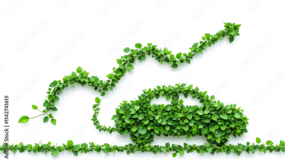 Green leaves forming an electric car and upward arrow. Green leaves forming an electric car and upward arrow.