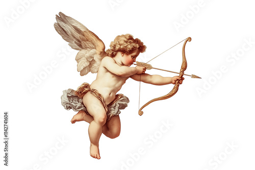 Vintage style cupid or cherub shooting an arrow with a bow, love angel, Valentine's day or wedding illustration isolated on transparent or white background, png file