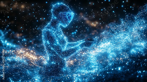 A hologram of an AI avatar holding a controller and playing a game, surrounded by glowing blue effects. The character is presented in a detailed wireframe design with human-like features, sides, 