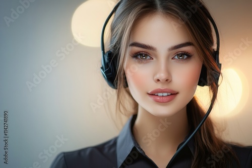 Young woman wearing a headset engaged in a conversation in a modern office setting during evening hours photo