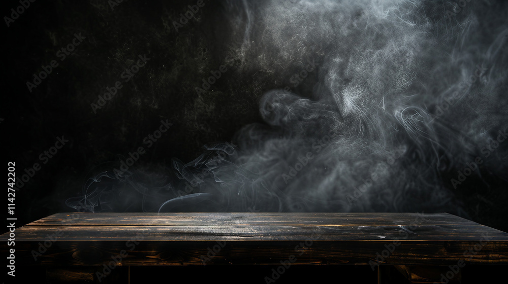 Empty wooden table with floating smoke on a dark black background, ideal for dramatic product displays, atmospheric designs, rustic mockups, or textured backdrops with moody lighting. Empty wooden table with floating smoke on a dark black background, ideal for dramatic product displays, atmospheric designs, rustic mockups, or textured backdrops with moody lighting.