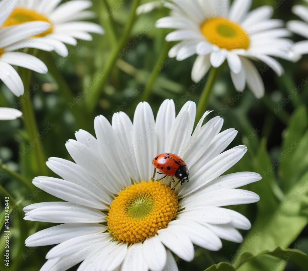 Close-up shot of white daisy with ladybug crawling on petals in natural spring setting, nature, vibrant, seasonal Close-up shot of white daisy with ladybug crawling on petals in natural spring setting, nature, vibrant, seasonal