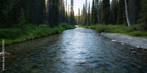 A peaceful stream runs through a lush, green forest, showcasing nature's beauty and tranquility. photo