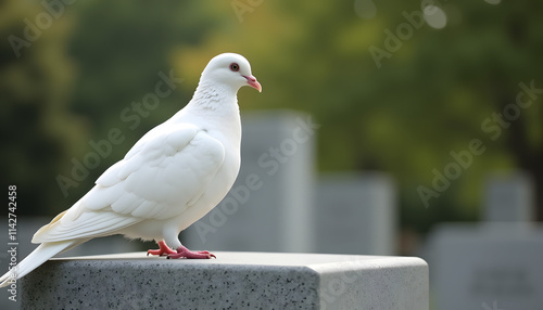 White dove perched on a memorial stone in a peaceful cemetery photo