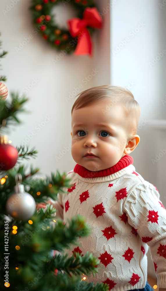 Cute Toddler with Down Syndrome, Christmas tree, minimalism. isolated with white highlights Cute Toddler with Down Syndrome, Christmas tree, minimalism. isolated with white highlights