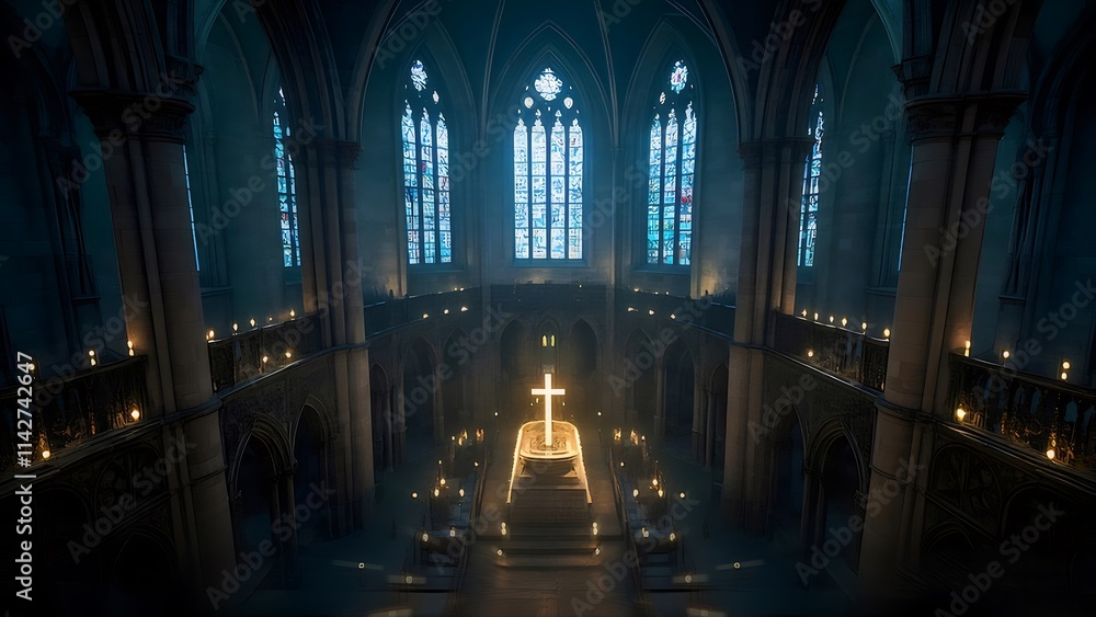 Illuminated cross in a dimly lit gothic church interior. Illuminated cross in a dimly lit gothic church interior.