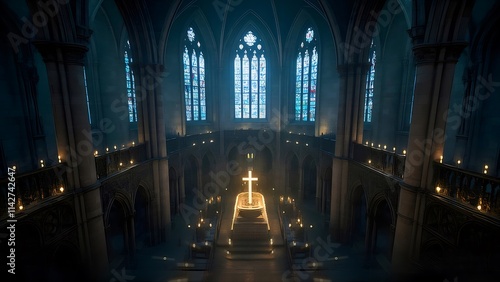 Illuminated cross in a dimly lit gothic church interior.