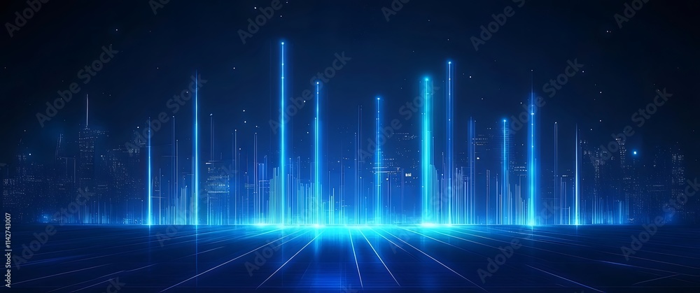 Futuristic city skyline at night with glowing blue lines. Futuristic city skyline at night with glowing blue lines.