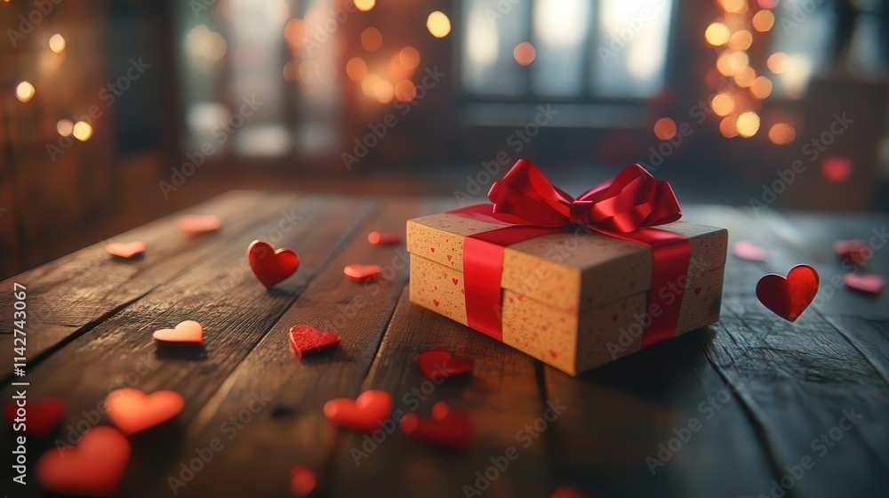 gift box with red ribbon and bokeh background for valentine's celebration gift box with red ribbon and bokeh background for valentine's celebration