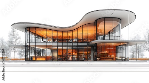 Architectural drawing of a departmen store, featuring a curved roof canopy in a modern architectural style. The image is a perspective view rendered against a white background. 