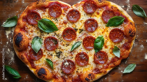 heart-shaped pepperoni pizza with fresh basil and melted cheese